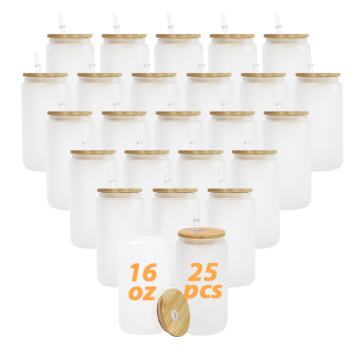 USA Warehouse RTS 25pcs/ctn 16oz Frosted Glass Can Sublimation Glass Tumler Mugs with Bamboo Lid and Plastic Straw