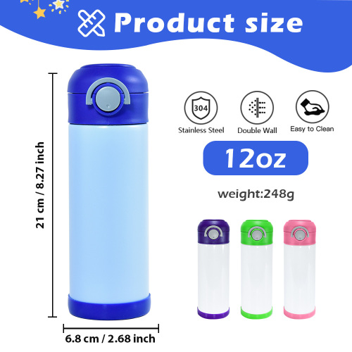 Wholesale 12oz Stainless Steel Kids Water Bottle Sublimation Blanks Tumblers Straw Flip Top Lid Straight Sippy Cup for Children