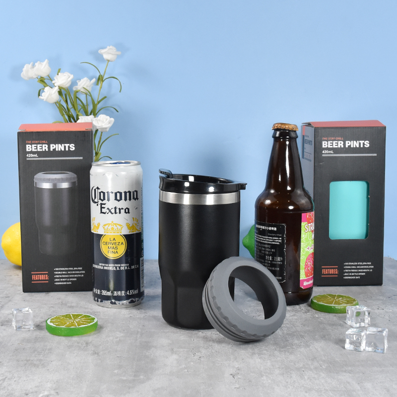 New Design Octagon Cup 4 in 1 Cooler Can 14oz Double Wall Stainless Steel Insulated Beer Can Cooler With 2 Lids