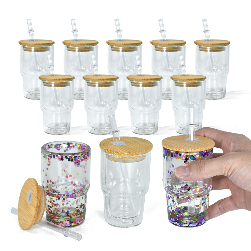 Pre-Drilled 3oz Sublimation GLASS SNOW GLOBE SHOT GLASS Double Wall Shot Glasses 3oz Tumbler with Bamboo Lids