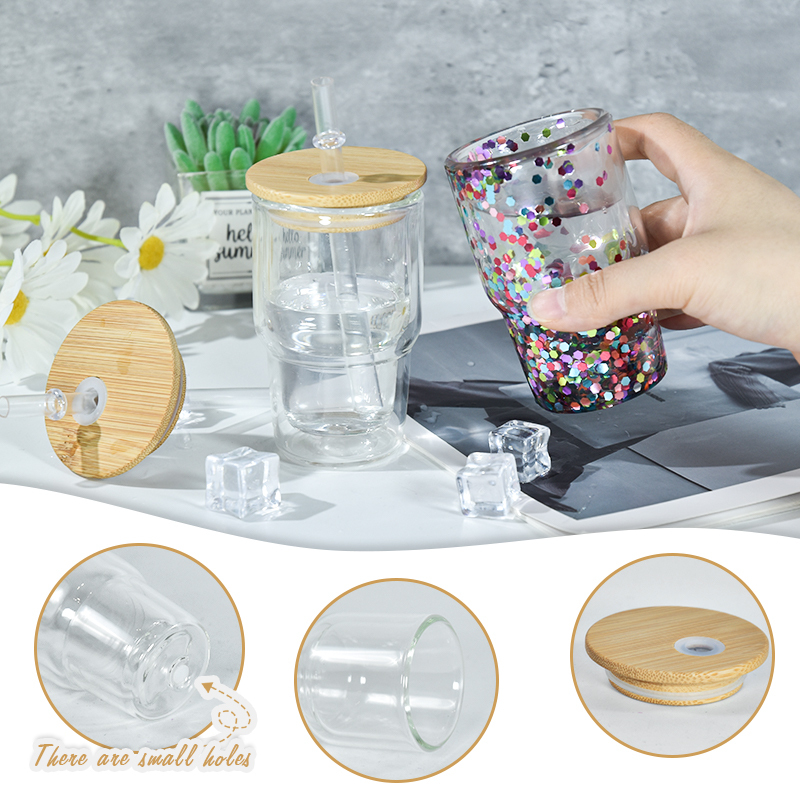 Pre-Drilled 3oz Sublimation GLASS SNOW GLOBE SHOT GLASS Double Wall Shot Glasses 3oz Tumbler with Bamboo Lids