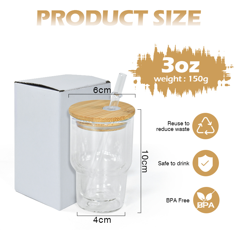 Pre-Drilled 3oz Sublimation GLASS SNOW GLOBE SHOT GLASS Double Wall Shot Glasses 3oz Tumbler with Bamboo Lids