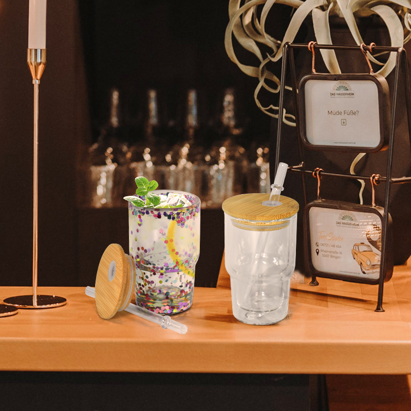Pre-Drilled 3oz Sublimation GLASS SNOW GLOBE SHOT GLASS Double Wall Shot Glasses 3oz Tumbler with Bamboo Lids