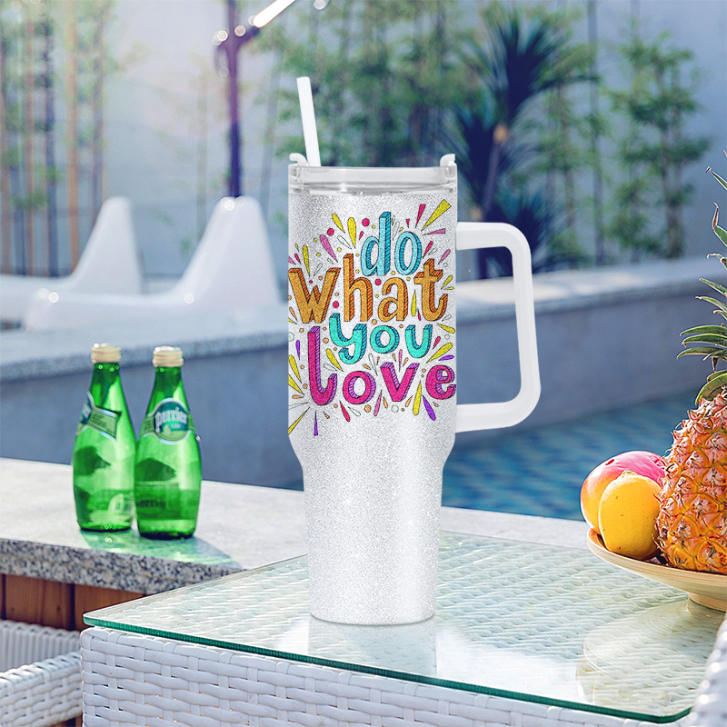 40oz Rough Glitter White Sublimation Tumbler with Handle and Straw Holograph Sparkle Iridescent Vacuum Insulated Tumbler