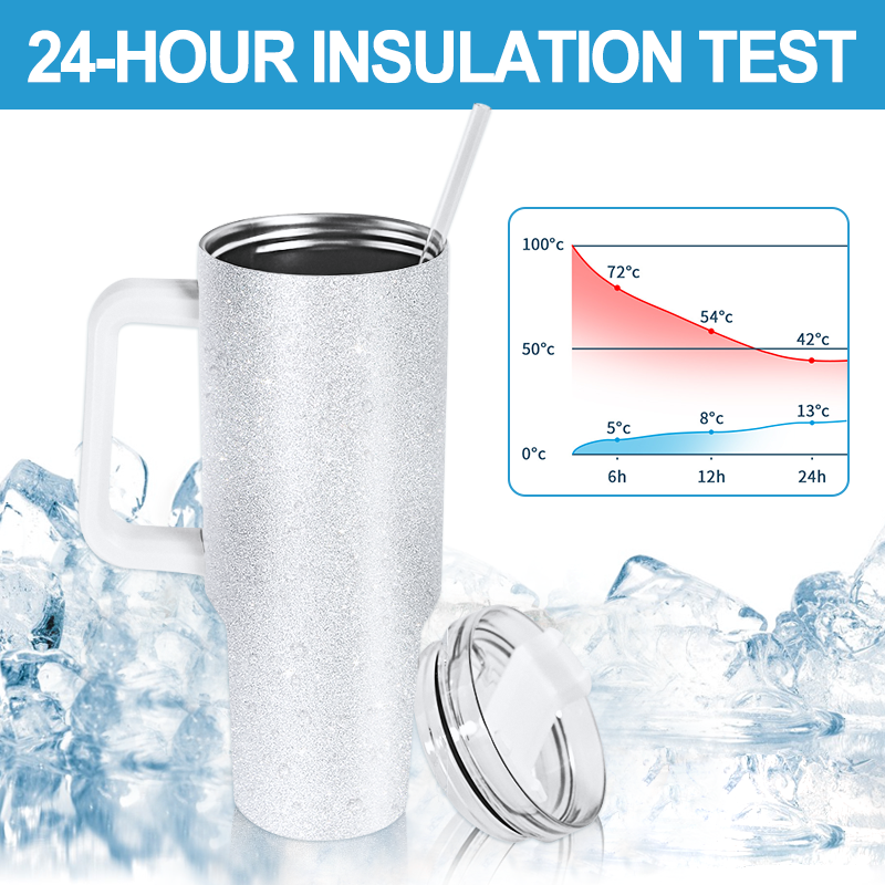 40oz Rough Glitter White Sublimation Tumbler with Handle and Straw Holograph Sparkle Iridescent Vacuum Insulated Tumbler