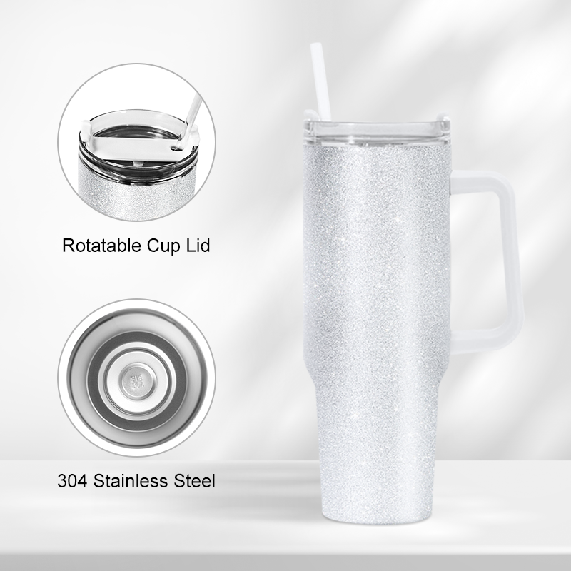 40oz Rough Glitter White Sublimation Tumbler with Handle and Straw Holograph Sparkle Iridescent Vacuum Insulated Tumbler
