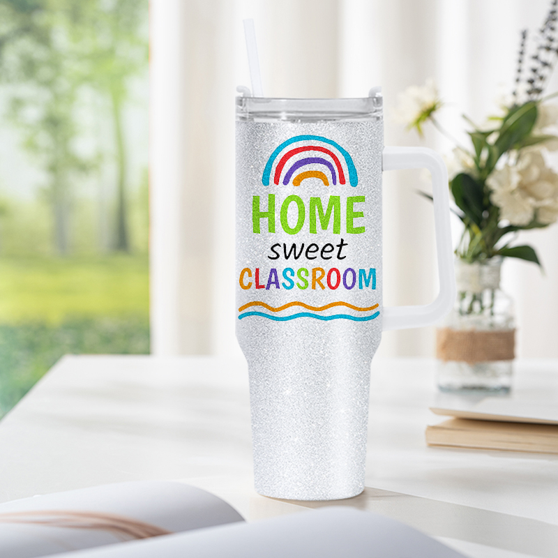 40oz Rough Glitter White Sublimation Tumbler with Handle and Straw Holograph Sparkle Iridescent Vacuum Insulated Tumbler