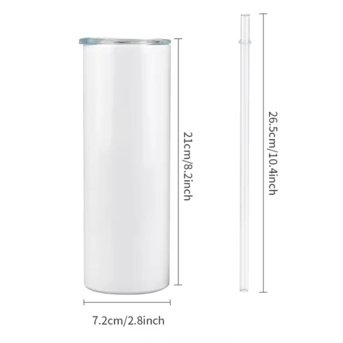 USA Warehouse Stock White 20oz Straight Skinny Sublimation Blanks Stainless Steel Tumblers Cups with Straw and Rubber Bottom