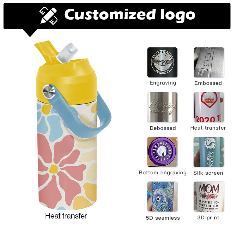 Creative 12oz Flat Kids Water Bottle Double Wall Stainless Steel Kids Sublimation Tumbler with Colorful Flip Straw Lids