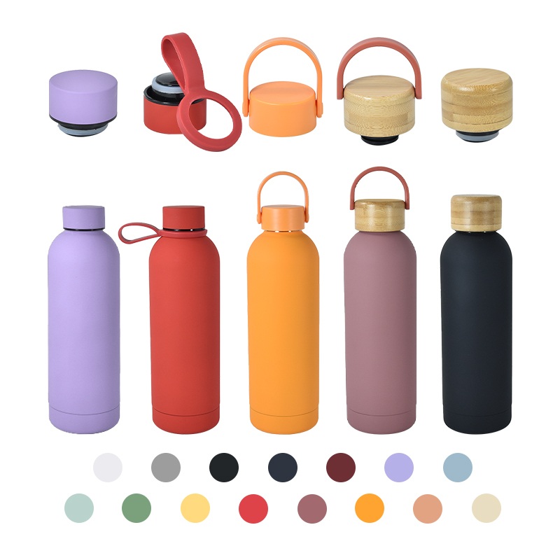 Custom Logo Print Engrave Double Vacuum 304 Stainless Steel Rubber Paint 350ml 500ml 700ml Water Bottle With Silicone Handle