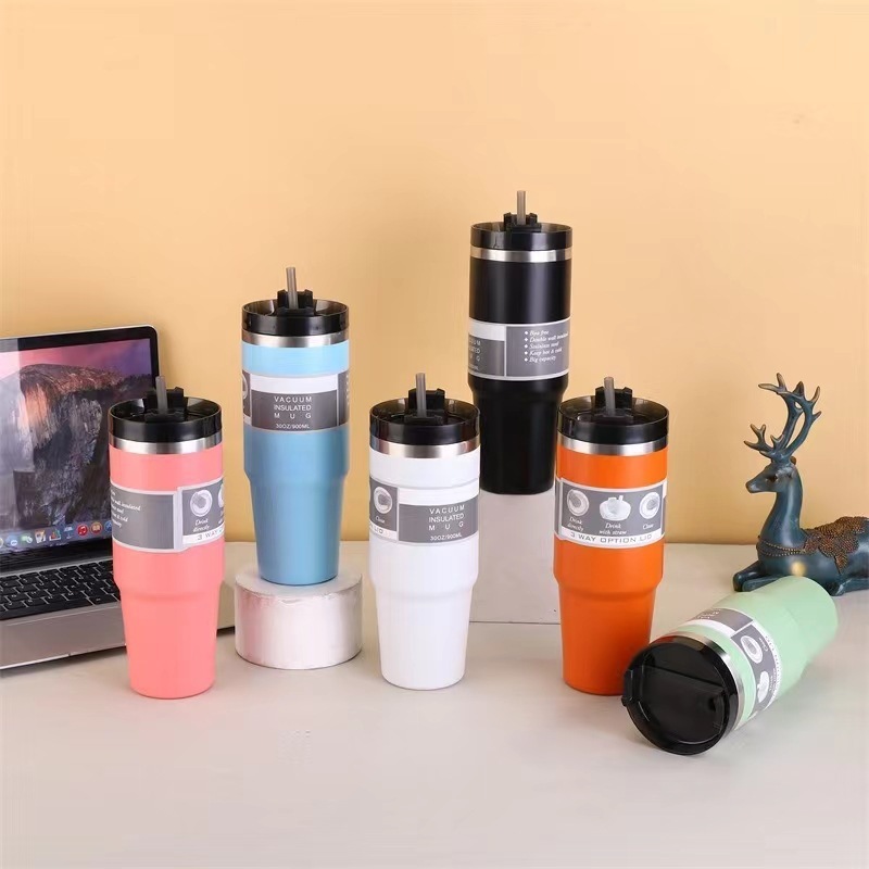 Custom 30oz 304 Stainless Steel Insulated Cup Double Wall Laser Engraving Powder Coated Straw Straight Car Tumbler Thermal Mug