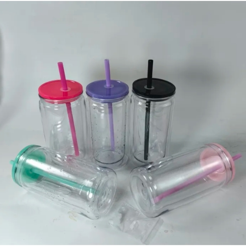 China RTS Pre-drilled 16oz Plastic Can Tumblers Double Wall Snow Globe Coffee Cups with Colorful Lid and Straw