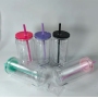 China RTS Pre-drilled 16oz Plastic Can Tumblers Double Wall Snow Globe Coffee Cups with Colorful Lid and Straw