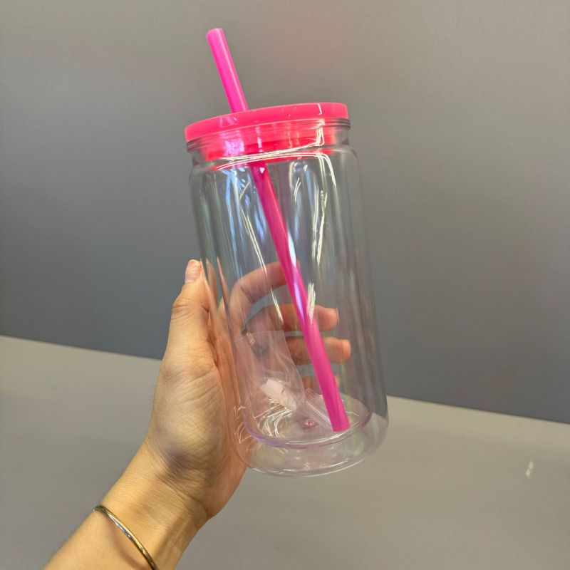 China RTS Pre-drilled 16oz Plastic Can Tumblers Double Wall Snow Globe Coffee Cups with Colorful Lid and Straw