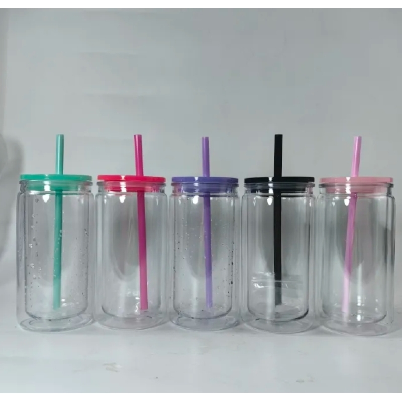 China RTS Pre-drilled 16oz Plastic Can Tumblers Double Wall Snow Globe Coffee Cups with Colorful Lid and Straw