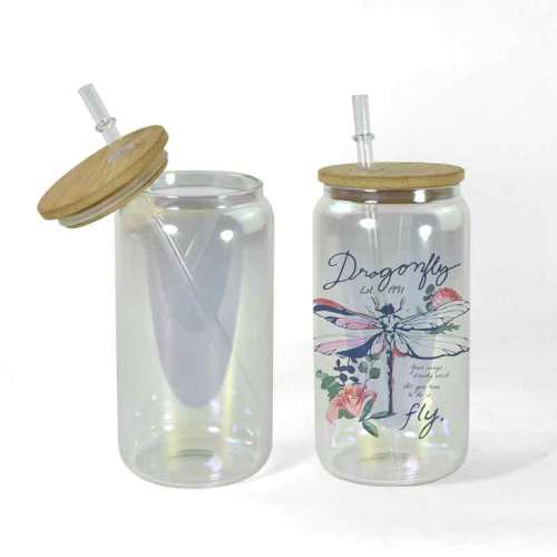 US Warehouse RTS 6pcs/ctn 16oz Glass Can Clear Sublimation Electroplating Glass Tumler Mugs with Bamboo Lid and Plastic Straw