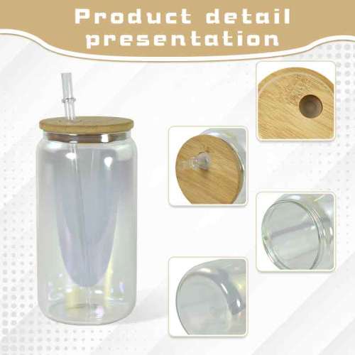 US Warehouse RTS 6pcs/ctn 16oz Glass Can Clear Sublimation Electroplating Glass Tumler Mugs with Bamboo Lid and Plastic Straw