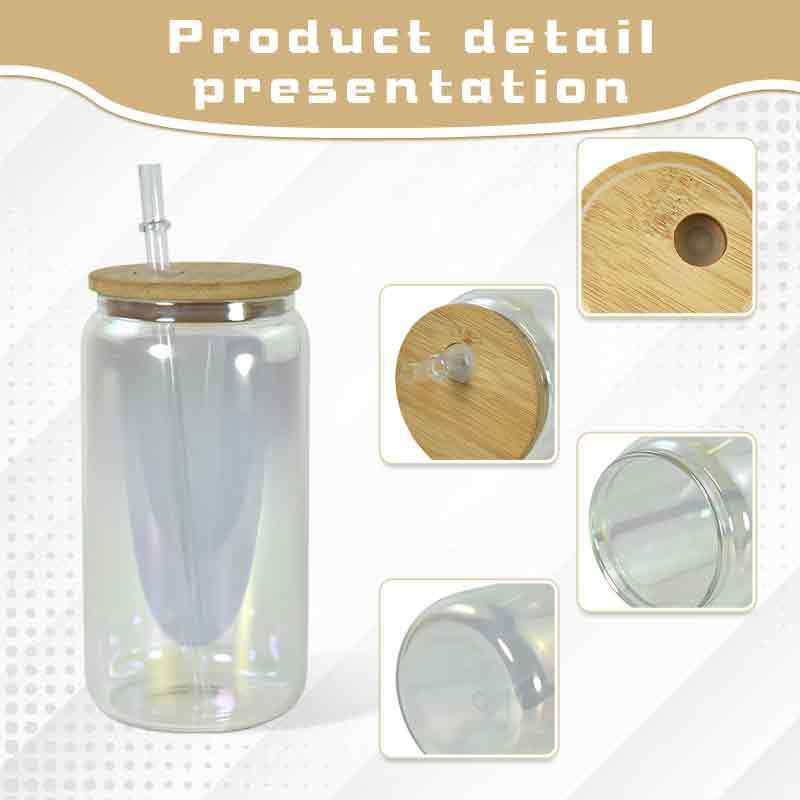 US Warehouse RTS 6pcs/ctn 16oz Glass Can Clear Sublimation Electroplating Glass Tumler Mugs with Bamboo Lid and Plastic Straw