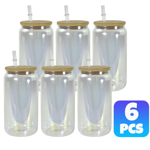US Warehouse RTS 6pcs/ctn 16oz Glass Can Clear Sublimation Electroplating Glass Tumler Mugs with Bamboo Lid and Plastic Straw