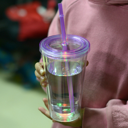 Wholesale Plastic 16oz Double Walled Tumbler Acrylic Blank Cup DTF Light up Travel Cups with Flashing LED Glowing Lights