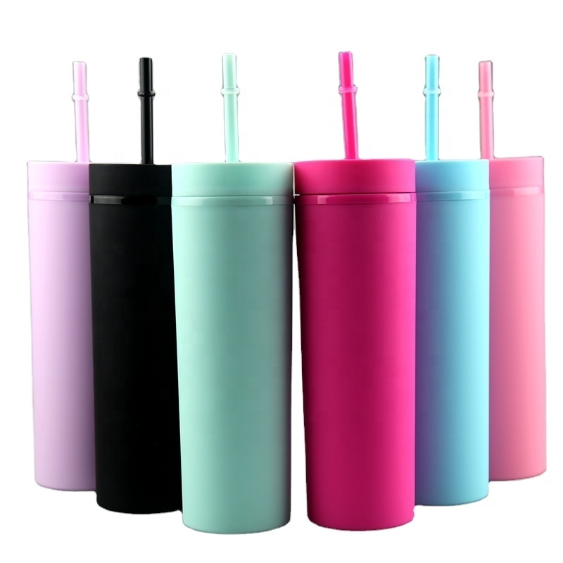 Hotsale 16oz Plastic Double Wall Black Plain Matte Colored Acrylic Skinny Tumbler Cups With Straw for UV Vinyl DIY 60pcs/ctn