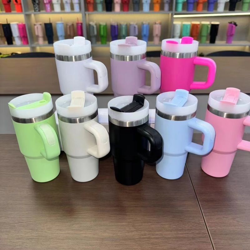 14oz Custom Logo Powder Coated Double Wall Stainless Steel Travel Kids Mug Tumbler Cup With Handle for Laser Engraving Printing