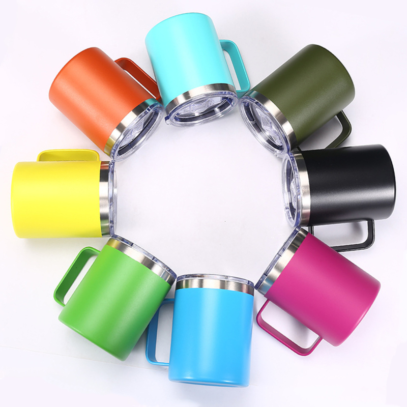 Custom Print Logo Colorful Double Wall 14oz Sliding Lid Tumbler Vacuum Insulated 12oz Coffee Mug Cups with Handle