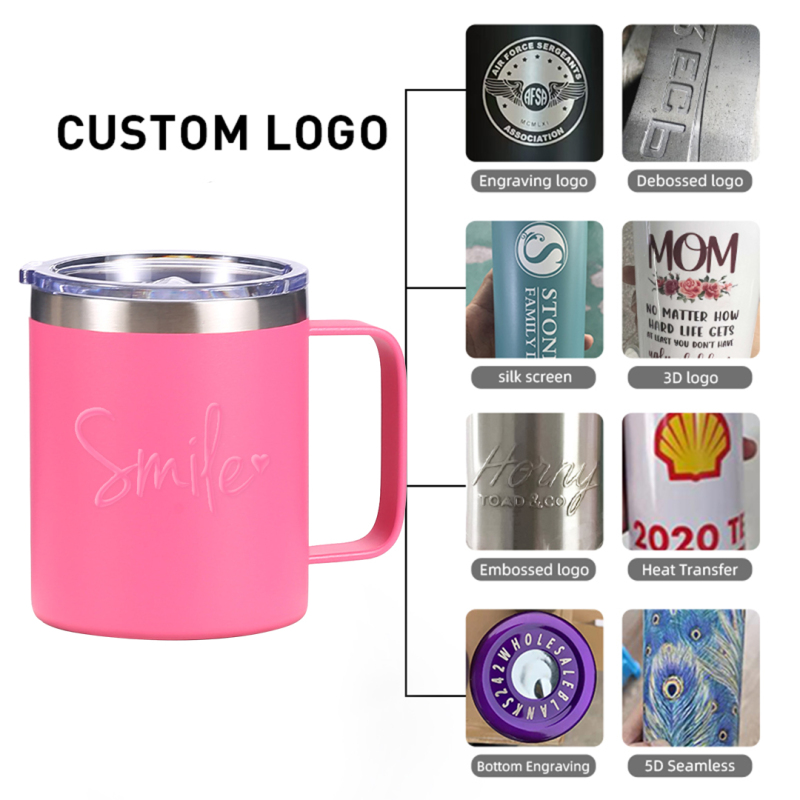 Custom Print Logo Colorful Double Wall 14oz Sliding Lid Tumbler Vacuum Insulated 12oz Coffee Mug Cups with Handle