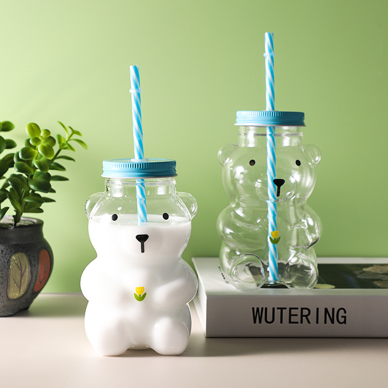 New Wholesale Creativity Cute Glass Cartoon Shaped Juice Cup Coffee Cups Gift Mugs with Straw and Lid Drinking Water Bottles