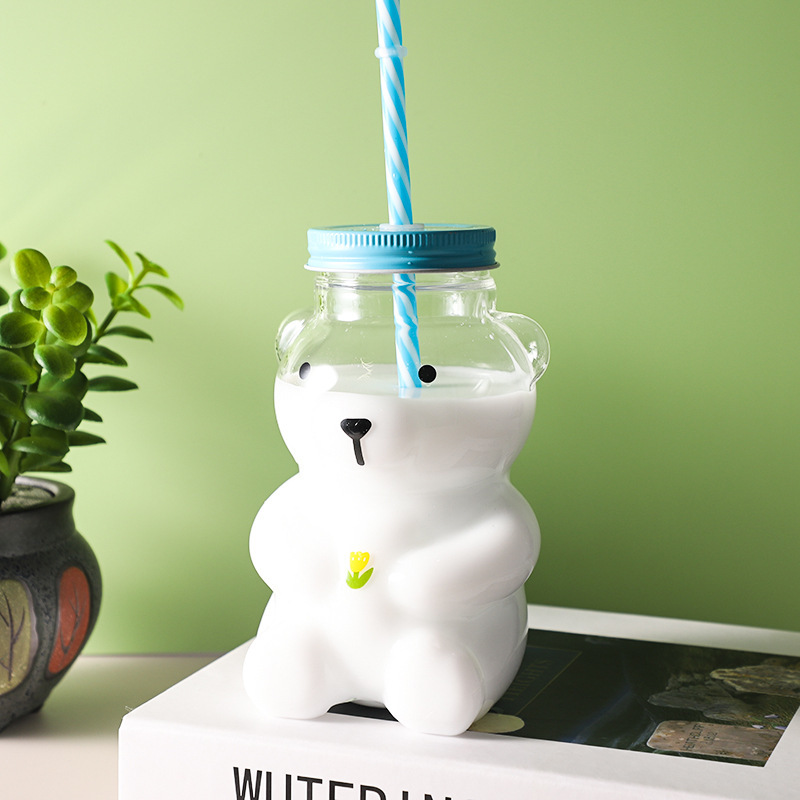 New Wholesale Creativity Cute Glass Cartoon Shaped Juice Cup Coffee Cups Gift Mugs with Straw and Lid Drinking Water Bottles