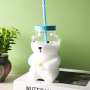New Wholesale Creativity Cute Glass Cartoon Shaped Juice Cup Coffee Cups Gift Mugs with Straw and Lid Drinking Water Bottles