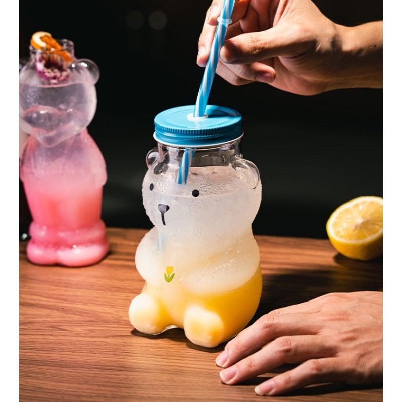 New Wholesale Creativity Cute Glass Cartoon Shaped Juice Cup Coffee Cups Gift Mugs with Straw and Lid Drinking Water Bottles