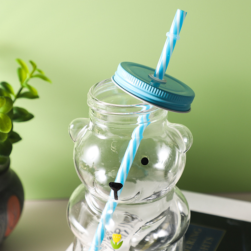 New Wholesale Creativity Cute Glass Cartoon Shaped Juice Cup Coffee Cups Gift Mugs with Straw and Lid Drinking Water Bottles