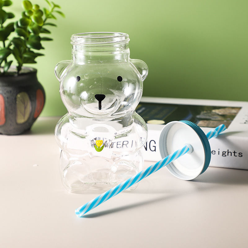 New Wholesale Creativity Cute Glass Cartoon Shaped Juice Cup Coffee Cups Gift Mugs with Straw and Lid Drinking Water Bottles