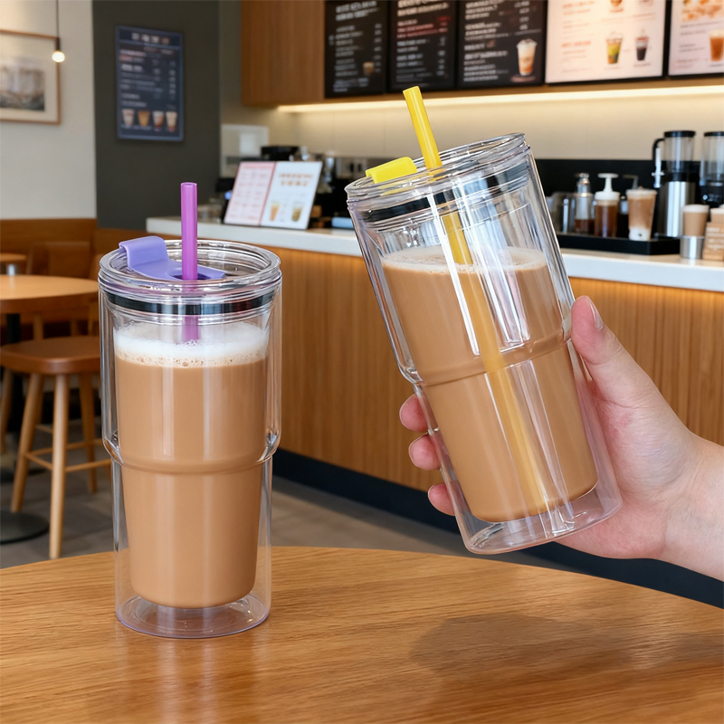 RTS 18oz Acrylic Tumblers Cup Snow Globe Water Tumbler clear Iced Coffee Mug 510ML Double Wall Beer Can With Colored Lid