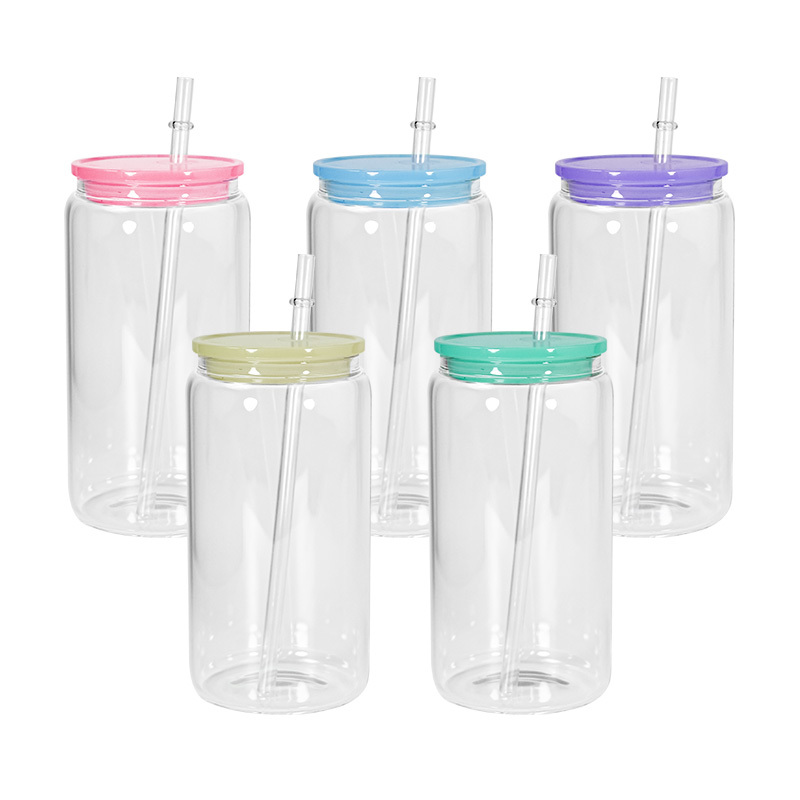 US Warehouse RTS 16oz Glass Can clear Frosted Sublimation Glass Tumler Mugs with Bamboo/colored Lid and Plastic Straw 25pcs/ctn