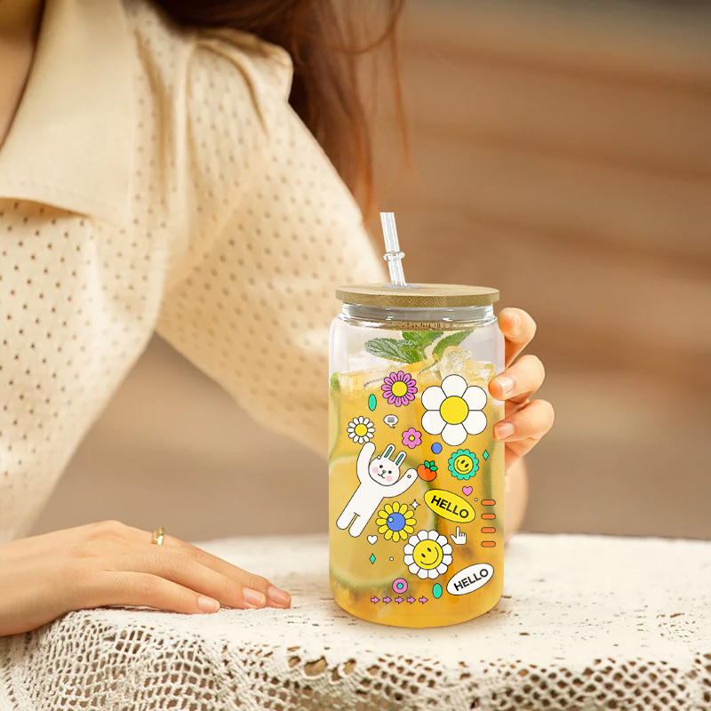 US Warehouse RTS 16oz Glass Can clear Frosted Sublimation Glass Tumler Mugs with Bamboo/colored Lid and Plastic Straw 25pcs/ctn