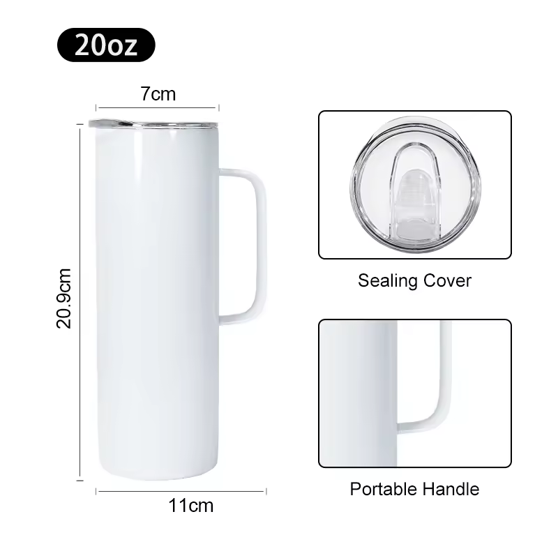 US Warehouse RTS 20oz Handled Cup Stainless Steel Travel Tumbler White 20oz Sublimation Tumbler With Handle Slide Lid 30pcs/ctn