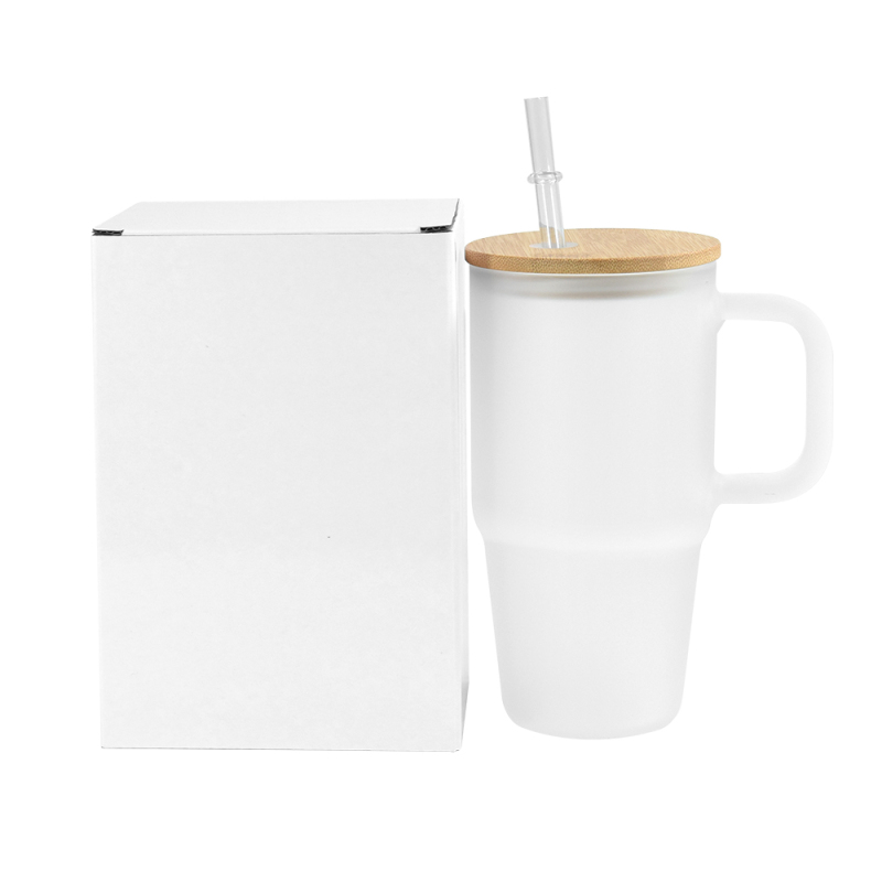 20oz Sublimation Glass Blanks Tumblers with Handle and Bamboo Lid Frosted Clear Coffee Tea Milk Glass Cups Mugs