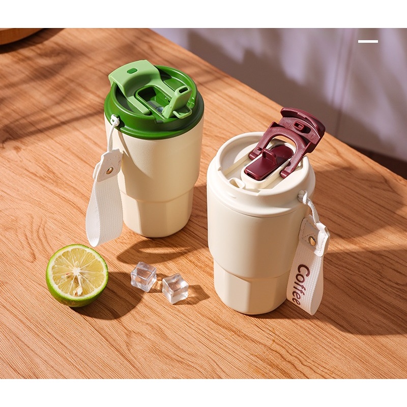 Custom Logo Coffee Mug 316 Stainless Steel Vacuum Flask Portable Leakproof Water Bottle PP Lid Milk Tea Coffee Cup With Straw