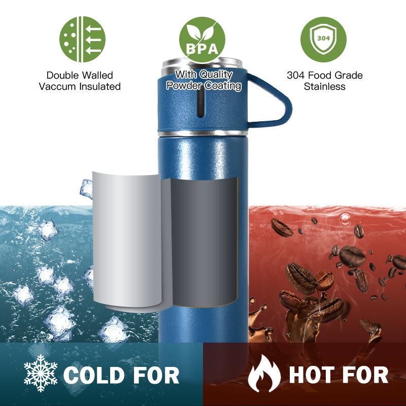 Christmas Gifts Stainless Steel Tee Cup Double Water Mug Colors Box Gift Water Bottle Vacuum Flask with 2 Cups