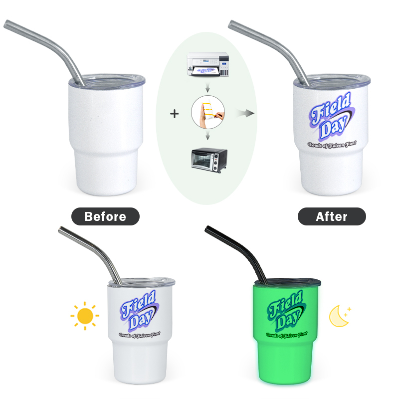3oz Blanks Stainless Steel Insulated Mini Tumbler Shot Glass with Straw and Lid Sublimation Glow in the Dark(White to Green)