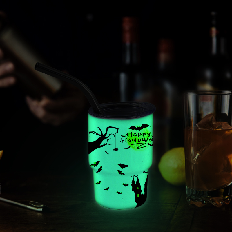 3oz Blanks Stainless Steel Insulated Mini Tumbler Shot Glass with Straw and Lid Sublimation Glow in the Dark(White to Green)