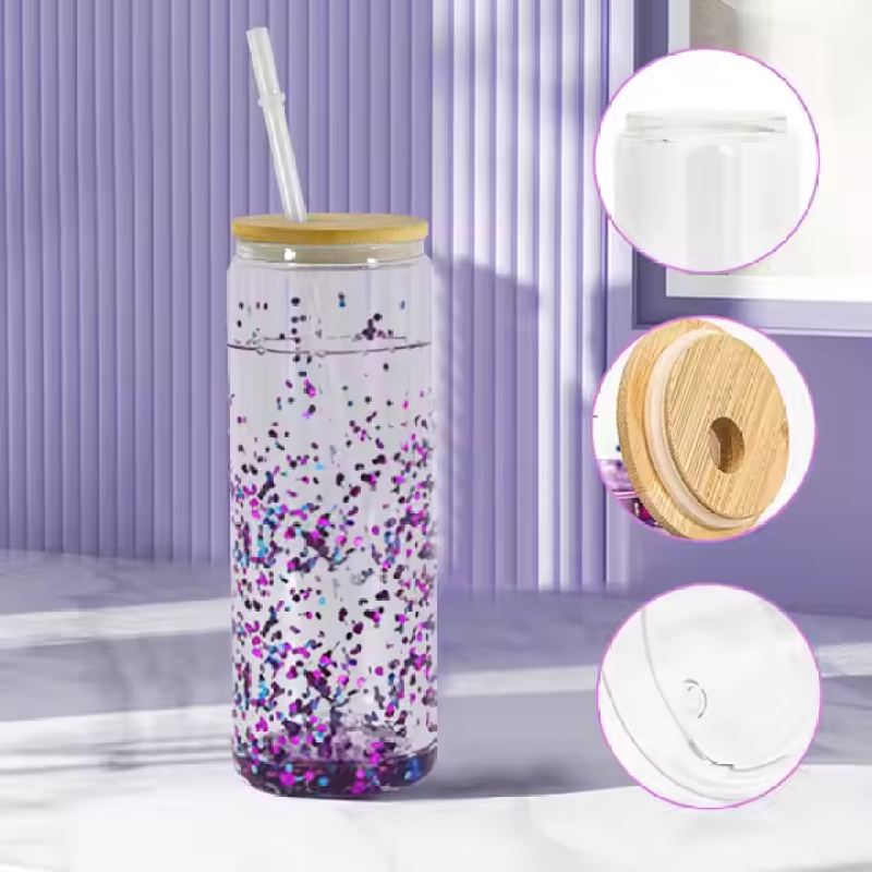 US RTS 25oz New Sublimation Glass Tumbler Curve Double Wall Clear Glass Can Mug with Pre-Drilled Hole Plug Bamboo Lids 25pcs/ctn