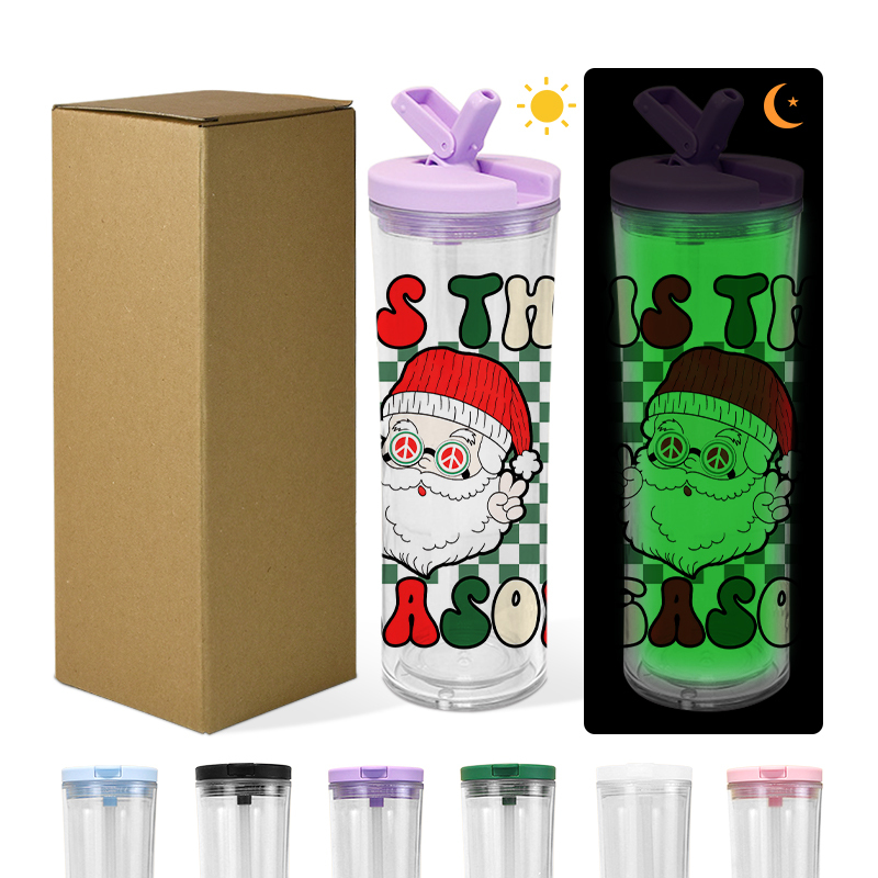 Glow in Dark Tumbler with Pre Drilled Hole 20oz Acrylic Snow Globe Tumbler Cup Double Wall Clear Plastic Cups with Lid and Straw