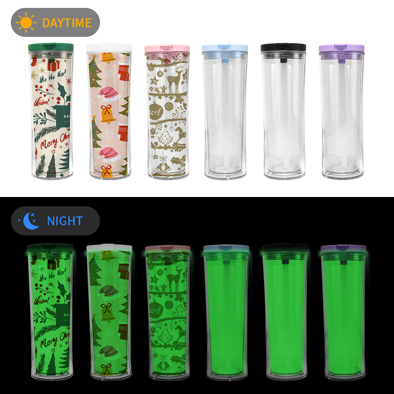 Glow in Dark Tumbler with Pre Drilled Hole 20oz Acrylic Snow Globe Tumbler Cup Double Wall Clear Plastic Cups with Lid and Straw