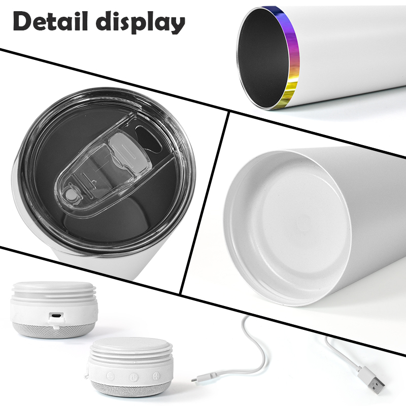 Custom Rainbow Plated Straight Skinny 20oz Powder Coated Speaker Tumbler with Music Player for Laser Engraving