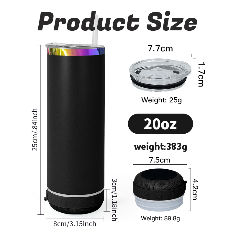 Custom Rainbow Plated Straight Skinny 20oz Powder Coated Speaker Tumbler with Music Player for Laser Engraving