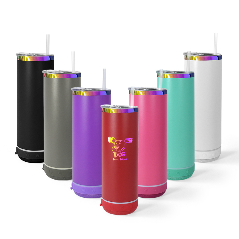 Custom Rainbow Plated Straight Skinny 20oz Powder Coated Speaker Tumbler with Music Player for Laser Engraving