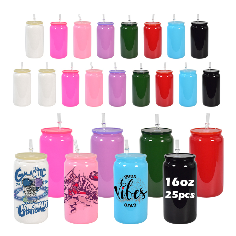 RTS  25pcs/ctn 8 Colors Mixed 16oz Solid Color Sublimation Glass Can Tumbler with PP Lid and Plastic Straw